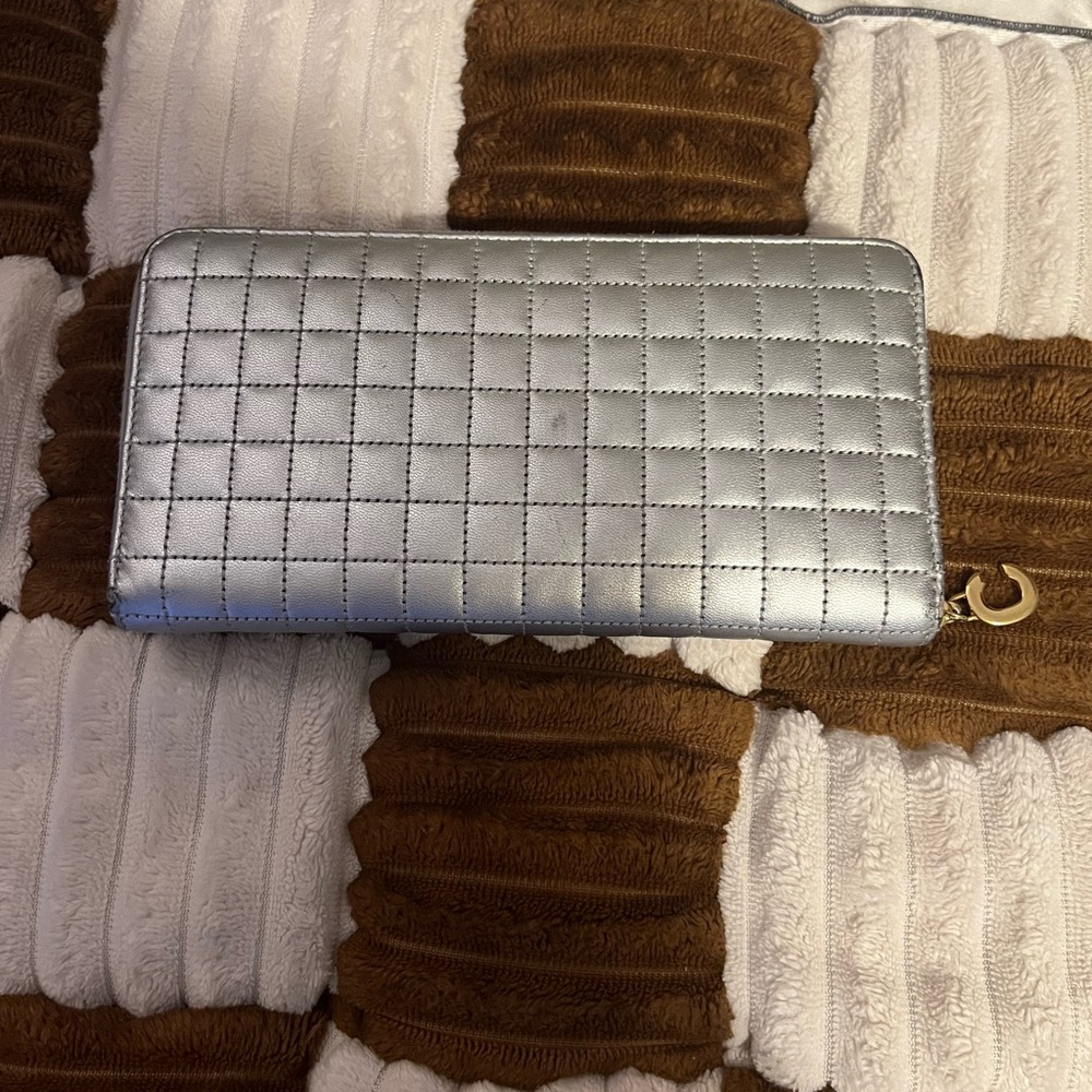 Celine Silver Quilted Leather Zip Around Wallet